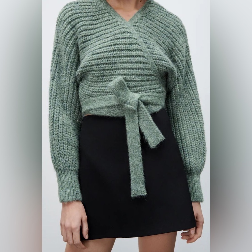 Zara Chunky Green Wrap Sweater Cropped Oversized Balloon Sleeve Cardigan Shawl